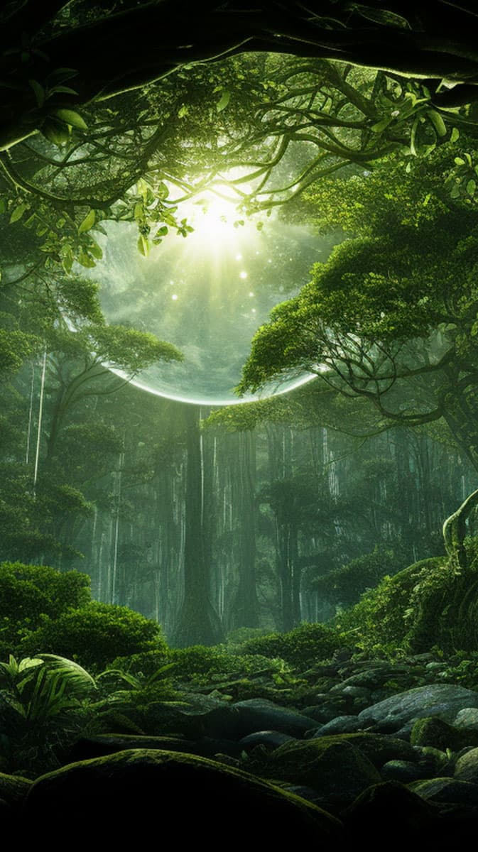 AI generated image from the prompt: A cinematic scene from a fantasy movie called Legend of the 7 Rings. This extreme long shot captures lush green enchanted forest with crystal ball in the sky, purple accent lighting, sunny day, in the style of dynamic action sequences, captured on Phantom High - Speed Camera --c 100 --s 750 --ar 16:9 AI generated image from the prompt: A cinematic scene from a fantasy movie called Legend of the 7 Rings. This extreme long shot captures lush green enchanted forest with crystal ball in the sky, purple accent lighting, sunny day, in the style of dynamic action sequences, captured on Phantom High - Speed Camera --c 100 --s 750 --ar 16:9